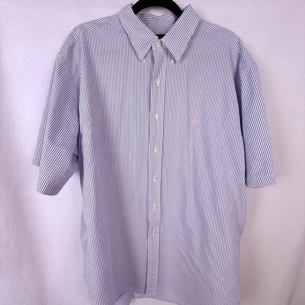 Ralph Lauren Button Down Mens XXL Blue Seersucker Classic Fit Striped‎ Pony Logo